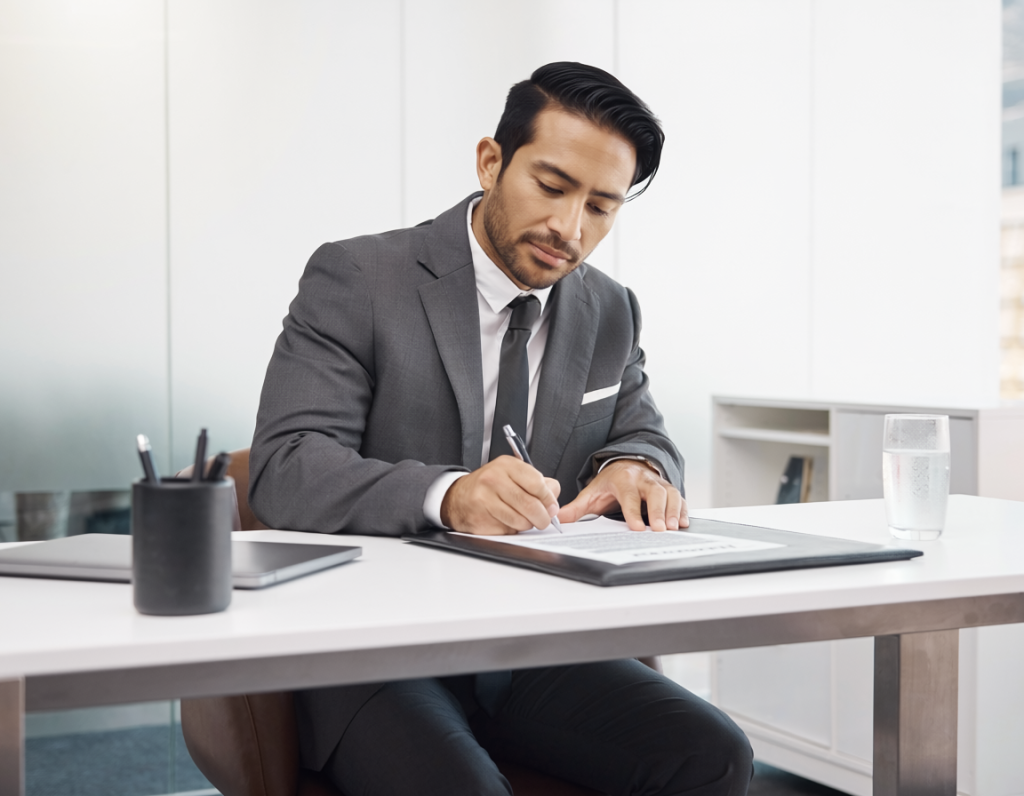 Underwriter signing commercial insurance document in office