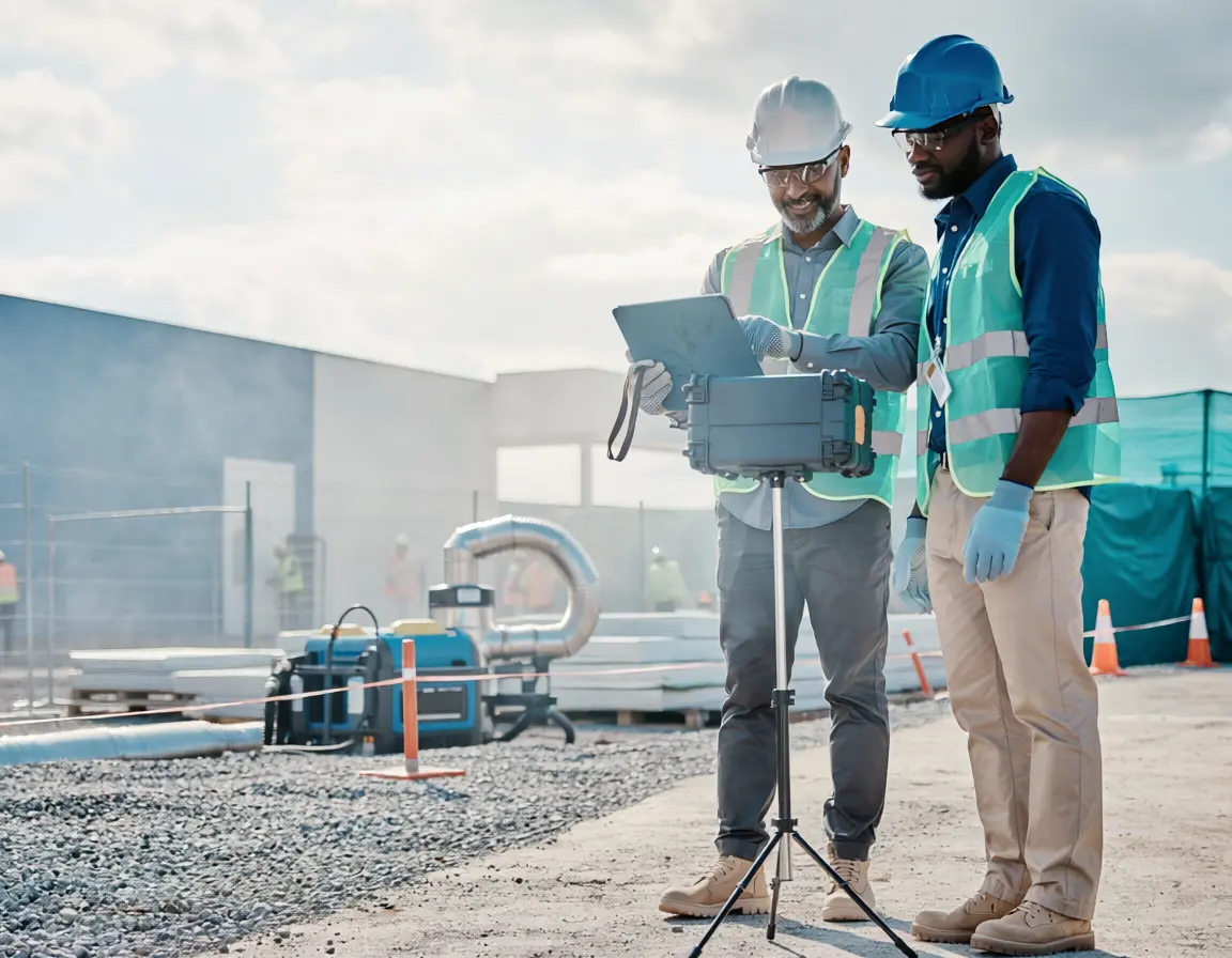 Construction manager and environmental consultant reviewing a commercial job site, representing contractor and environmental insurance risks.