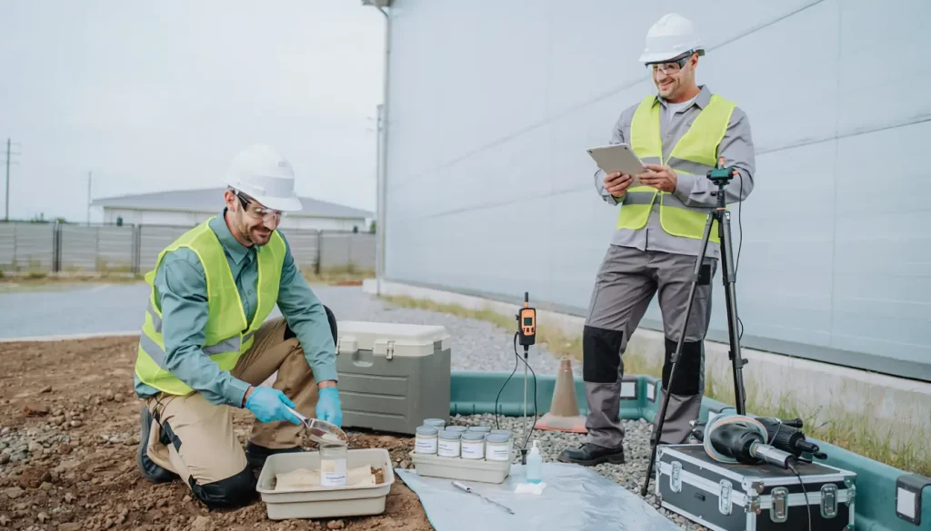 Environmental consultant collecting a field sample at a commercial industrial site.