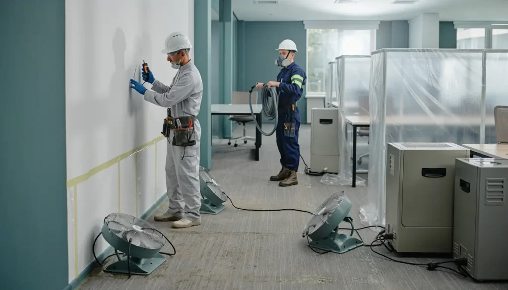 Restoration technicians using air movers and moisture-detection equipment in a commercial building.